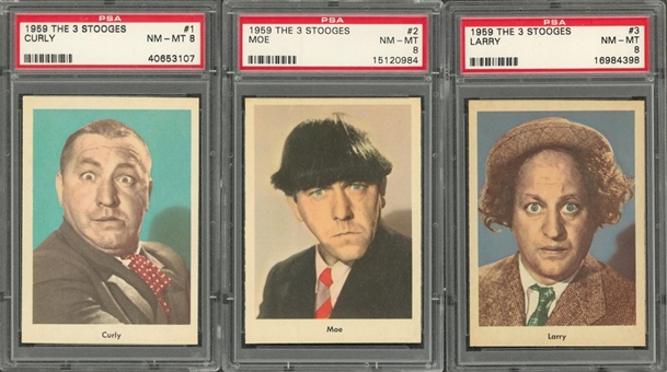1959 Fleer "Three Stooges" Portrait Cards PSA NM-MT 8 Trio (3 Different) – Including #s 1 Curly, 2 Moe and 3 Larry